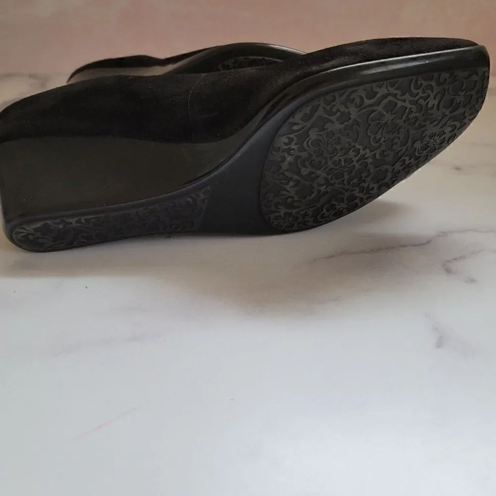 Slip on wedges black leather patent glossy heel fa